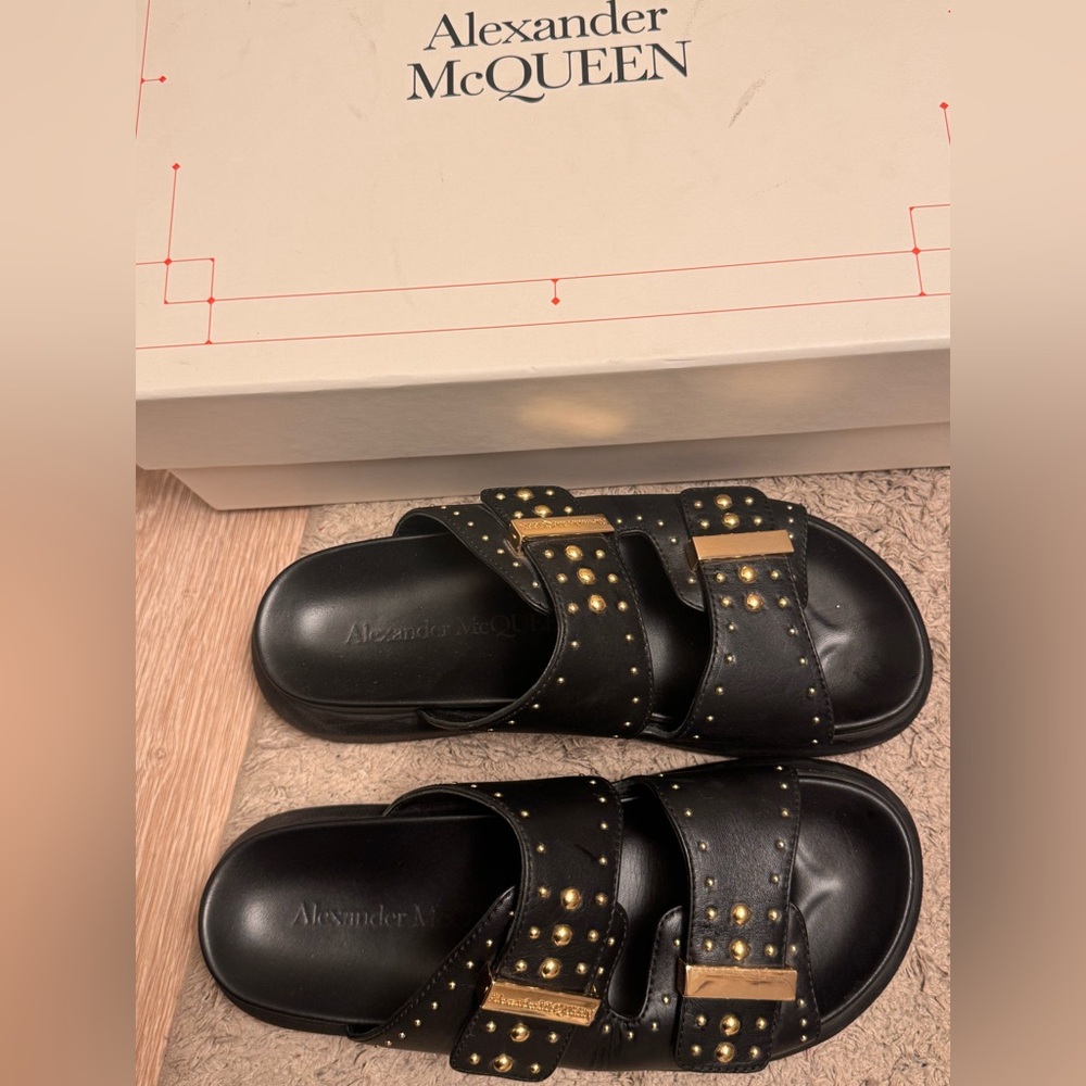 Alexander McQueen Black Sandals with Gold Studs
